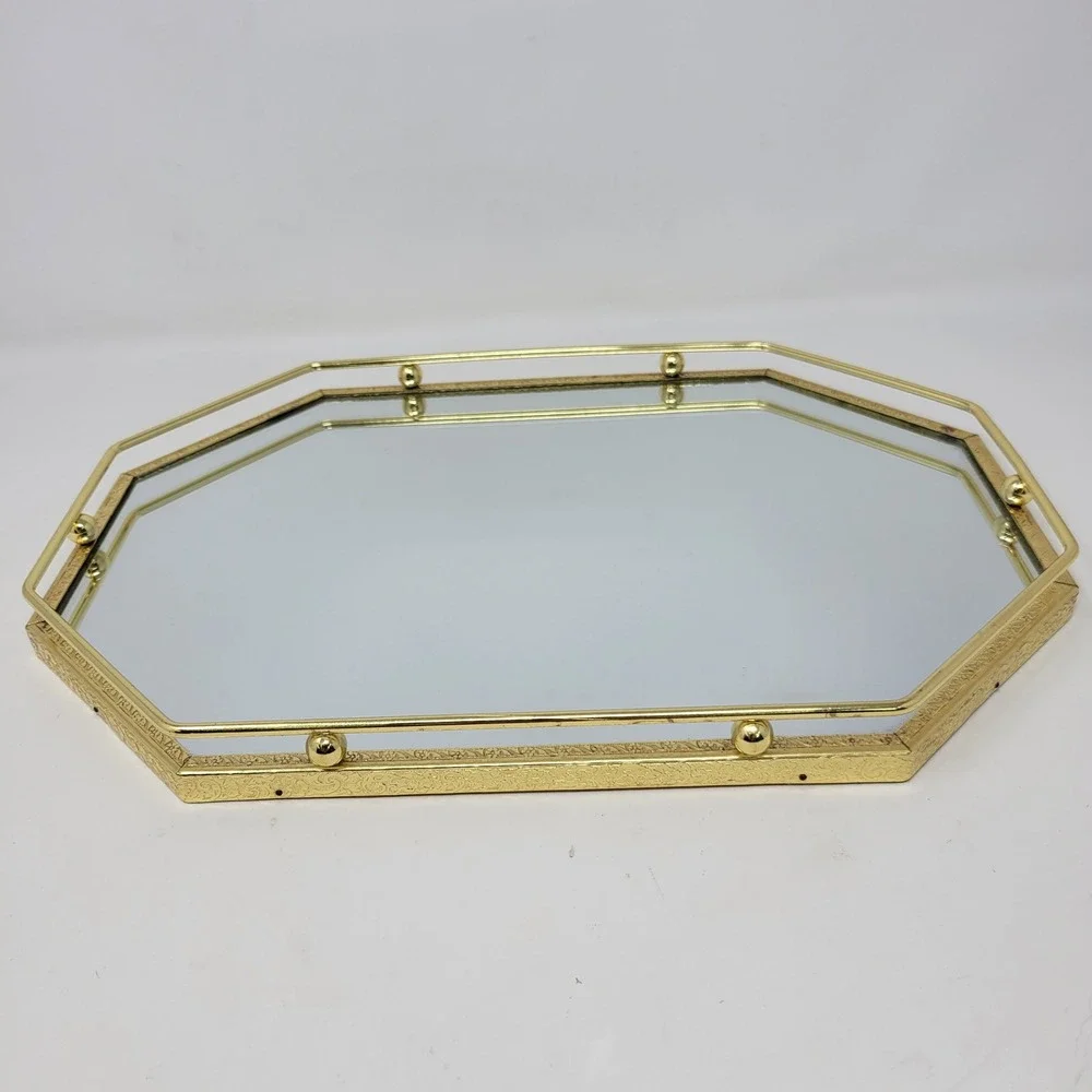 Vintage Gold Brass Octagon Mirrored Vanity Tray‎ Hollywood Regency Filigree 13x9